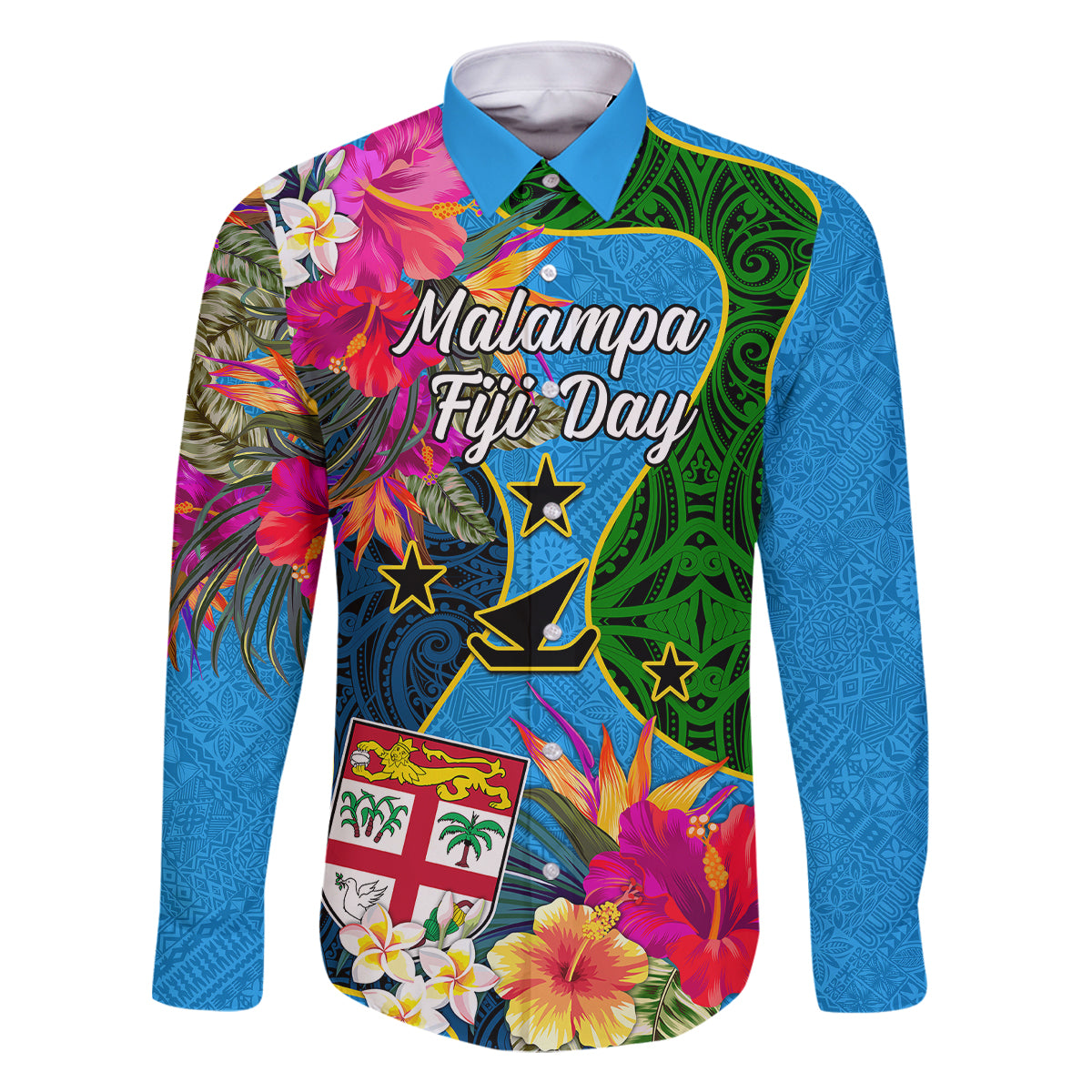 Personalised Malampa Fiji Day Family Matching Long Sleeve Bodycon Dress and Hawaiian Shirt Tropical Plants Mix Polynesian and Tapa Pattern LT03 Dad's Shirt - Long Sleeve Blue - Polynesian Pride