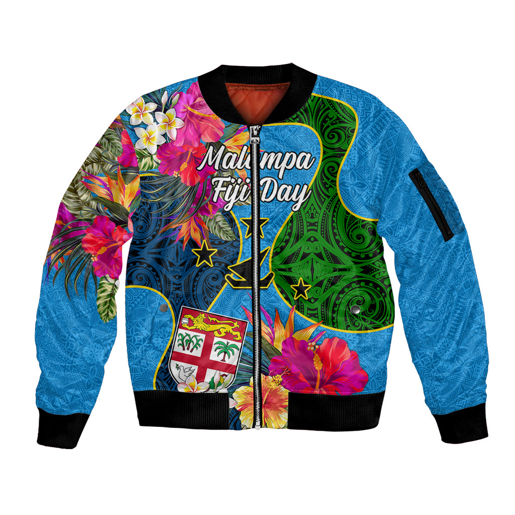Personalised Malampa Fiji Day Sleeve Zip Bomber Jacket Tropical Plants Mix Polynesian and Tapa Pattern LT03 Unisex Blue - Polynesian Pride
