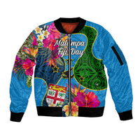Personalised Malampa Fiji Day Sleeve Zip Bomber Jacket Tropical Plants Mix Polynesian and Tapa Pattern LT03 Unisex Blue - Polynesian Pride