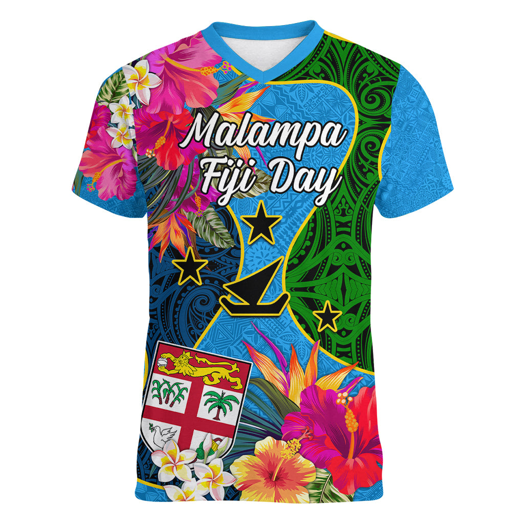 Personalised Malampa Fiji Day Women V Neck T Shirt Tropical Plants Mix Polynesian and Tapa Pattern LT03 Female Blue - Polynesian Pride
