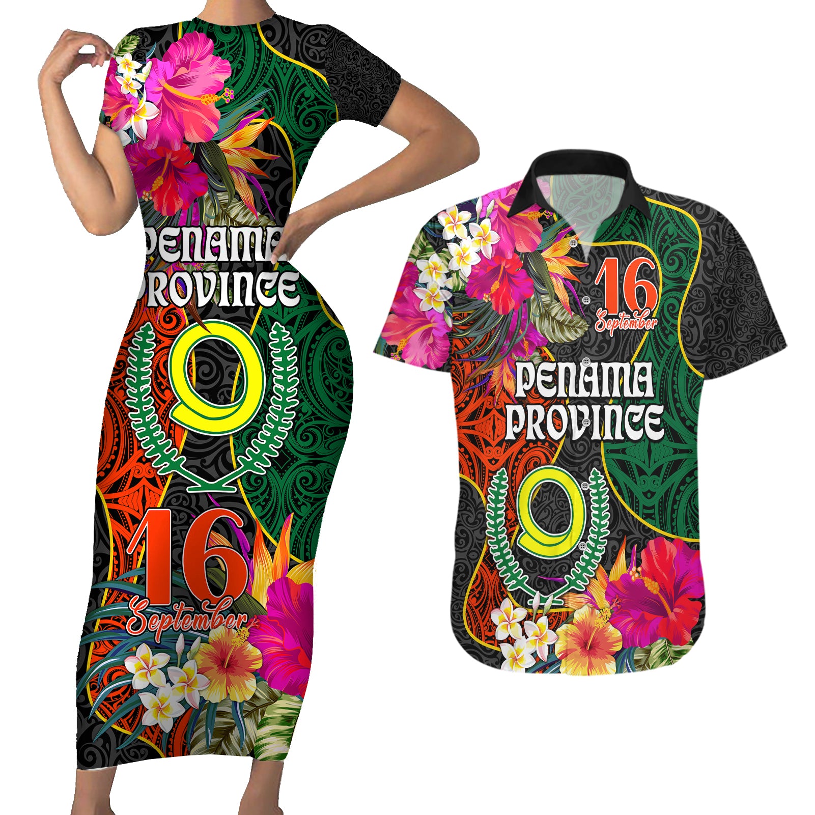 Penama Day Couples Matching Short Sleeve Bodycon Dress and Hawaiian Shirt Proud To Be A Ni-Van Beauty Pacific Flower LT03 Black - Polynesian Pride