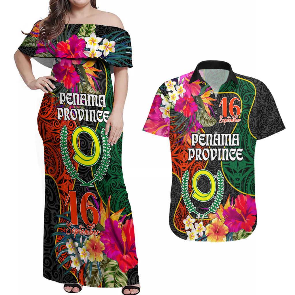 Personalised Penama Day Couples Matching Off Shoulder Maxi Dress and Hawaiian Shirt Proud To Be A Ni-Van Beauty Pacific Flower LT03 Black - Polynesian Pride