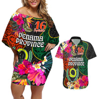 Personalised Penama Day Couples Matching Off Shoulder Short Dress and Hawaiian Shirt Proud To Be A Ni-Van Beauty Pacific Flower LT03 Black - Polynesian Pride