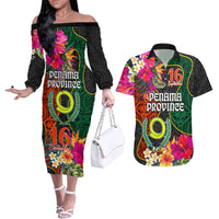 Personalised Penama Day Couples Matching Off The Shoulder Long Sleeve Dress and Hawaiian Shirt Proud To Be A Ni-Van Beauty Pacific Flower LT03 Black - Polynesian Pride