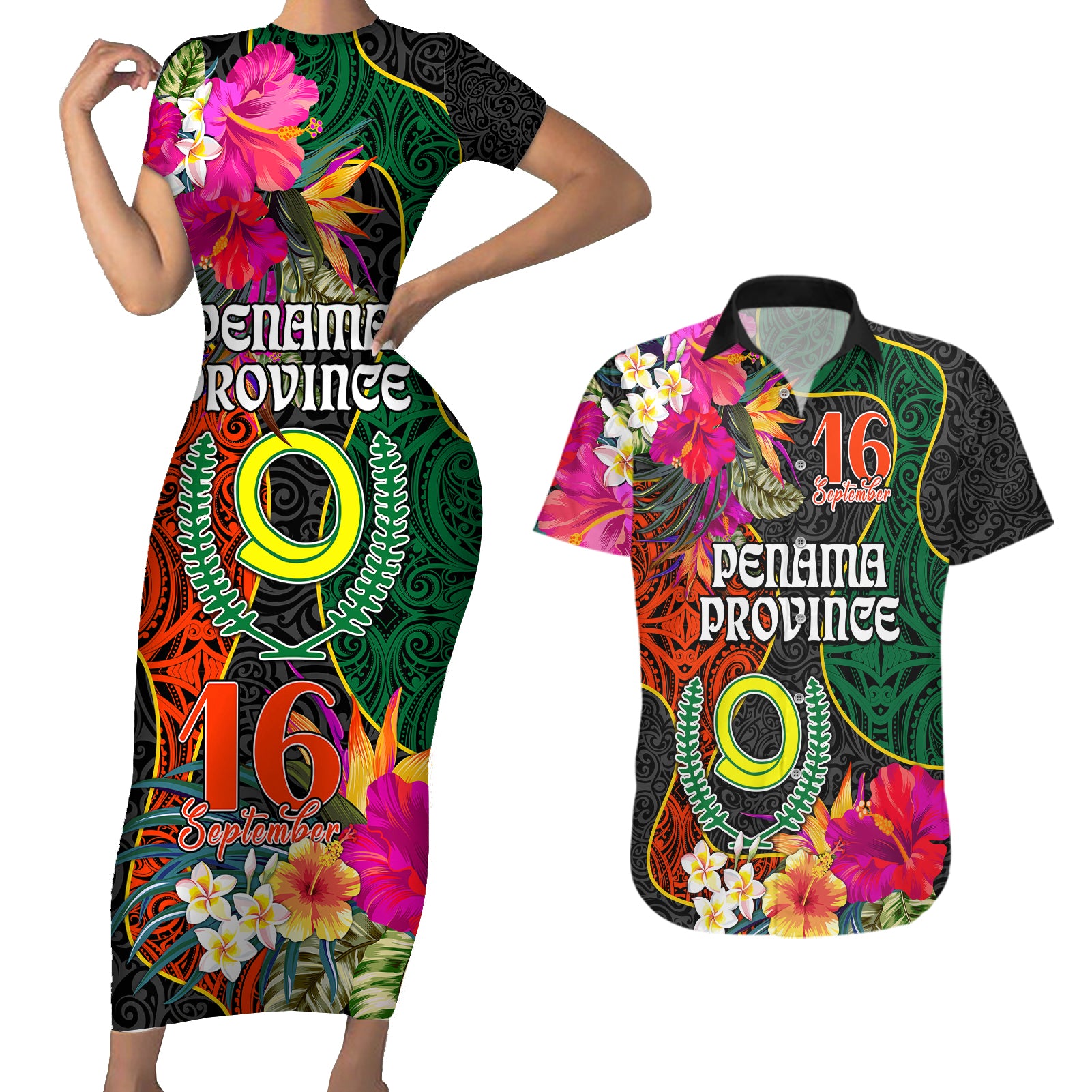 Personalised Penama Day Couples Matching Short Sleeve Bodycon Dress and Hawaiian Shirt Proud To Be A Ni-Van Beauty Pacific Flower LT03 Black - Polynesian Pride