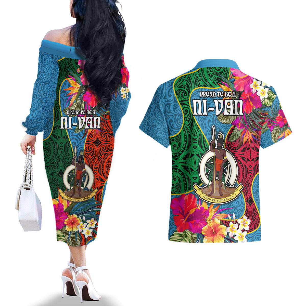 Sanma Day Couples Matching Off The Shoulder Long Sleeve Dress and Hawaiian Shirt Proud To Be A Ni-Van Beauty Pacific Flower LT03 - Polynesian Pride