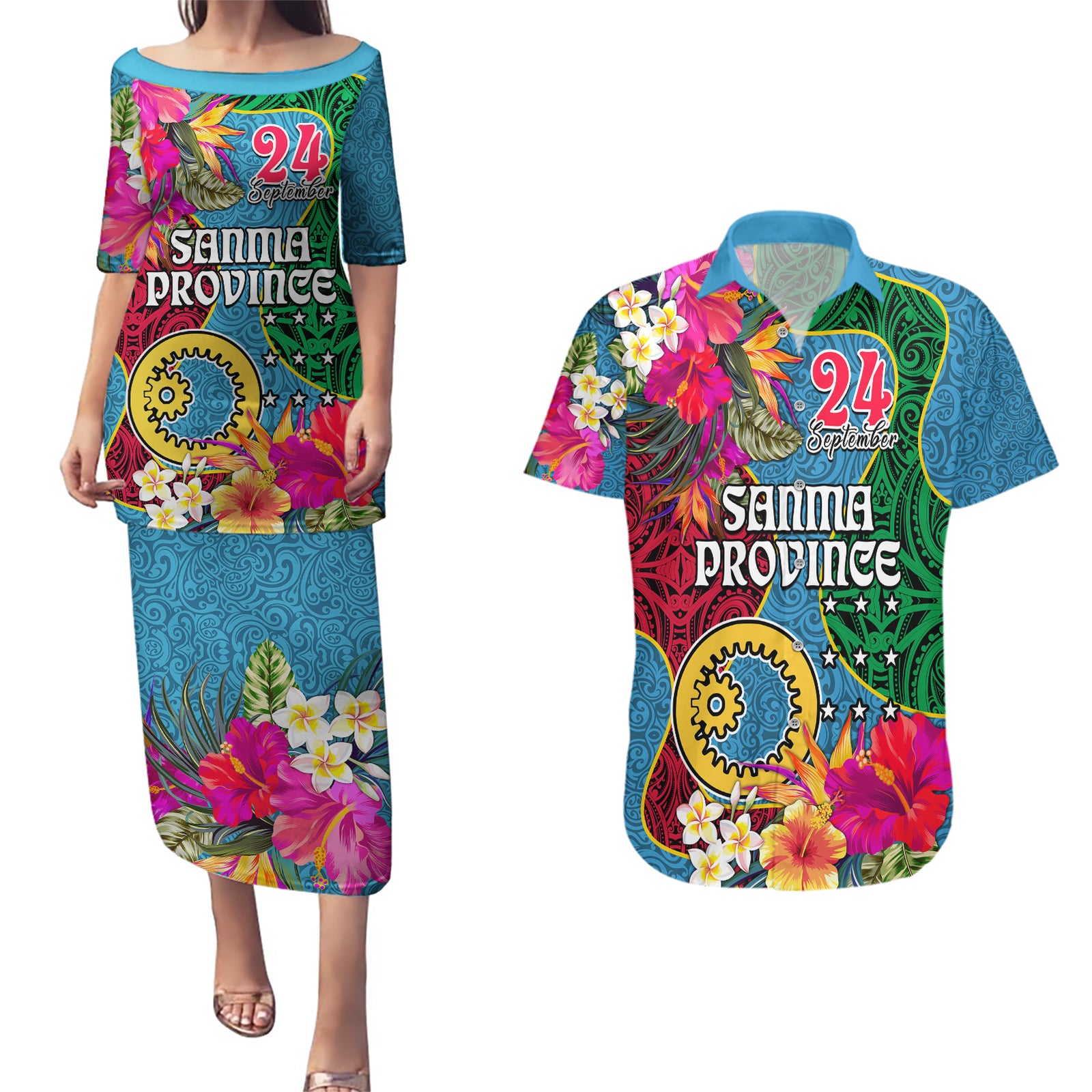 Sanma Day Couples Matching Puletasi Dress and Hawaiian Shirt Proud To Be A Ni-Van Beauty Pacific Flower LT03 Blue - Polynesian Pride