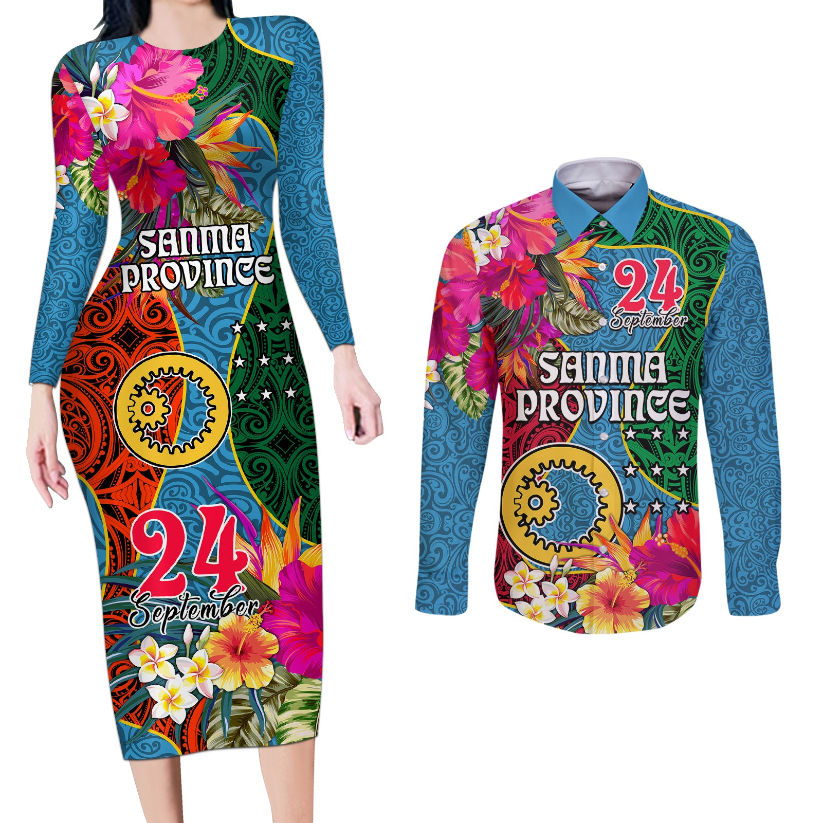 Personalised Sanma Day Couples Matching Long Sleeve Bodycon Dress and Long Sleeve Button Shirts Proud To Be A Ni-Van Beauty Pacific Flower LT03 Blue - Polynesian Pride