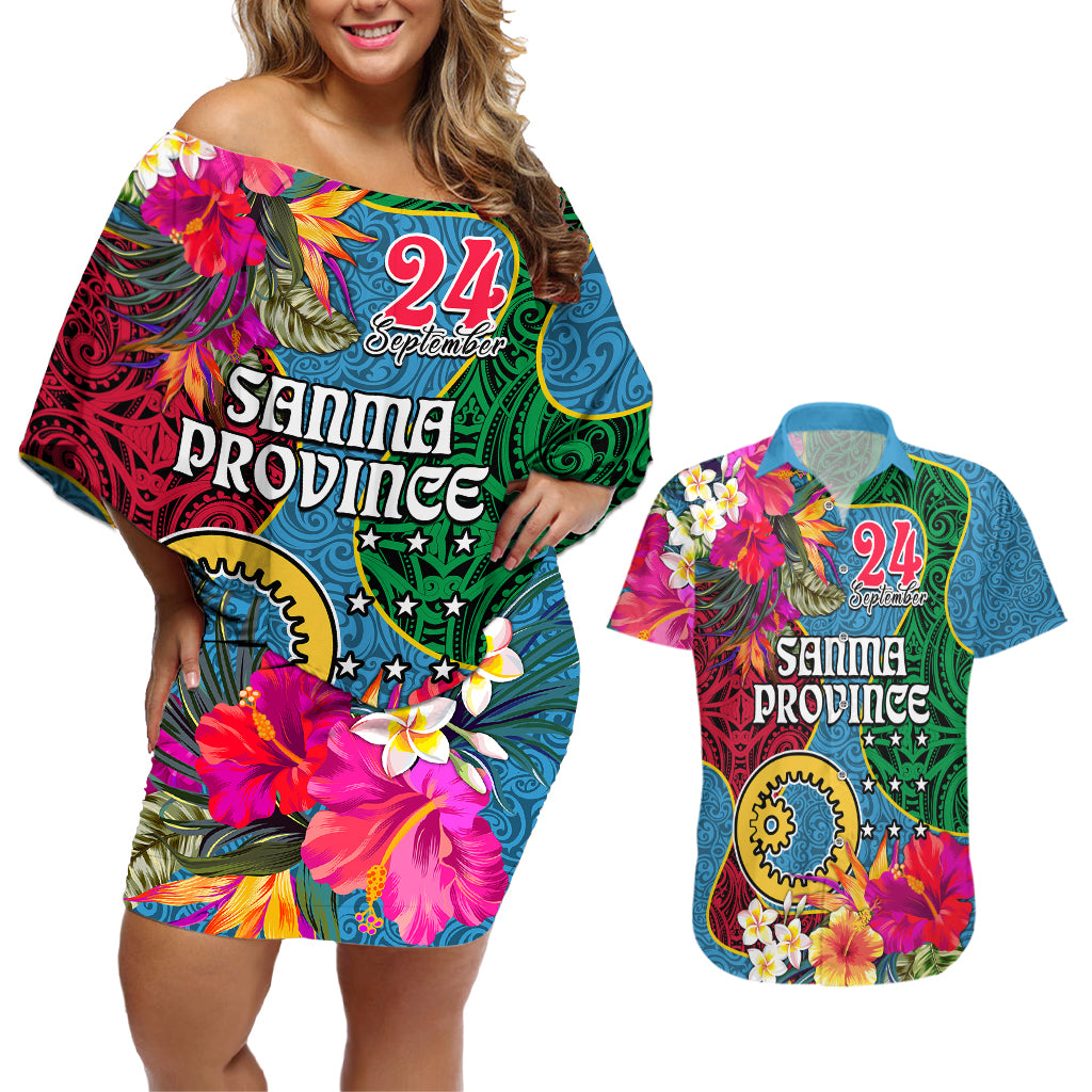 Personalised Sanma Day Couples Matching Off Shoulder Short Dress and Hawaiian Shirt Proud To Be A Ni-Van Beauty Pacific Flower LT03 Blue - Polynesian Pride