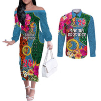 Personalised Sanma Day Couples Matching Off The Shoulder Long Sleeve Dress and Long Sleeve Button Shirts Proud To Be A Ni-Van Beauty Pacific Flower LT03 Blue - Polynesian Pride