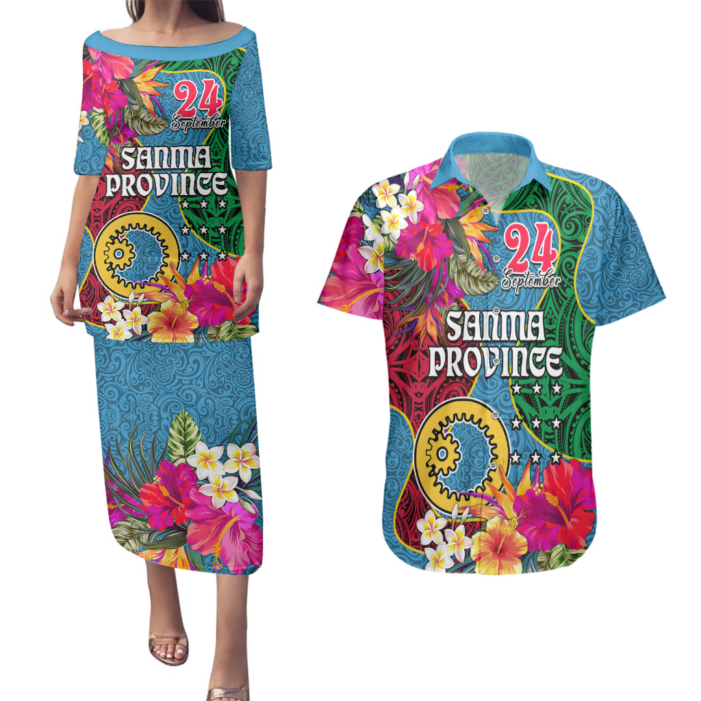 Personalised Sanma Day Couples Matching Puletasi Dress and Hawaiian Shirt Proud To Be A Ni-Van Beauty Pacific Flower LT03 Blue - Polynesian Pride