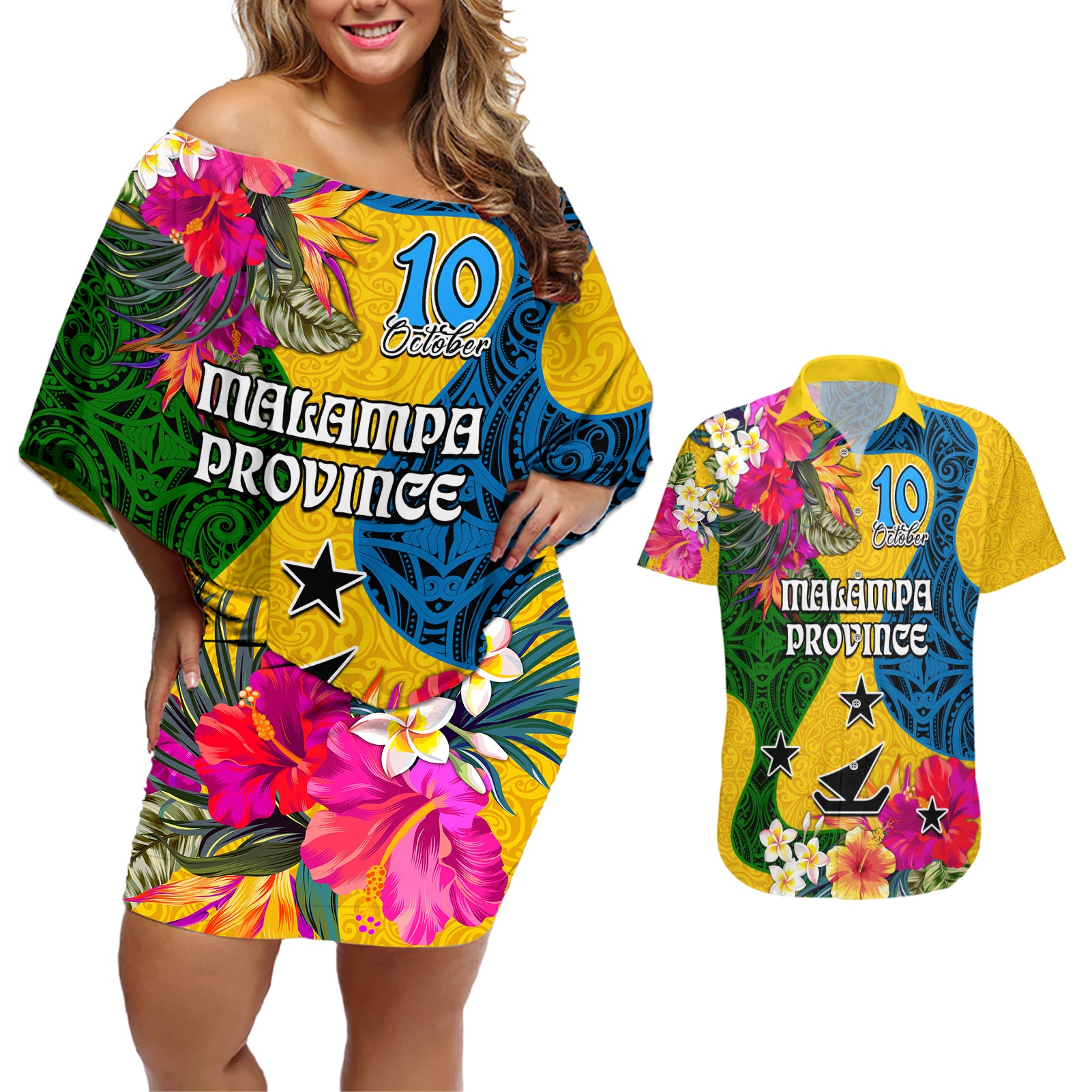Malampa Day Couples Matching Off Shoulder Short Dress and Hawaiian Shirt Proud To Be A Ni-Van Beauty Pacific Flower LT03 Yellow - Polynesian Pride