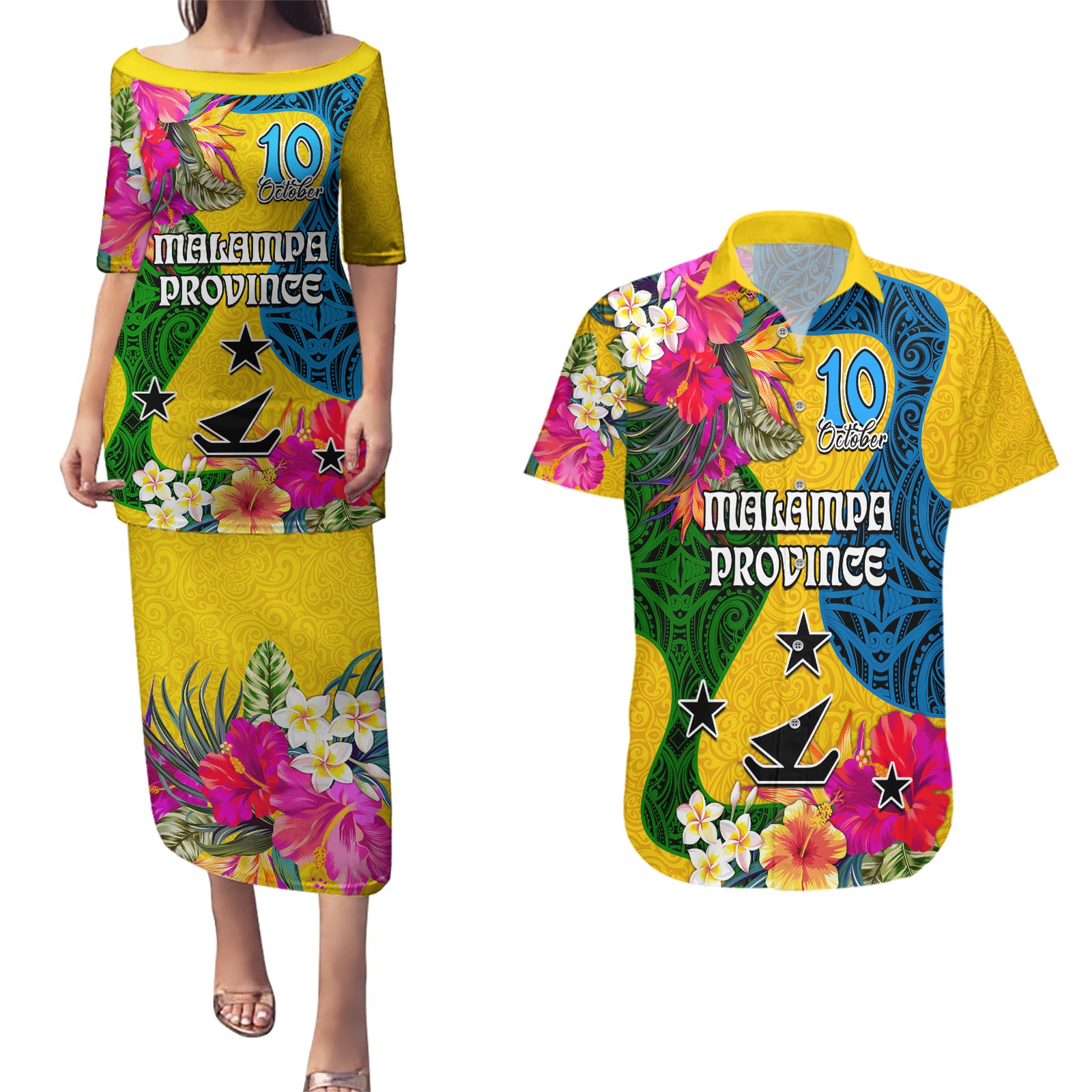 Malampa Day Couples Matching Puletasi Dress and Hawaiian Shirt Proud To Be A Ni-Van Beauty Pacific Flower LT03 Yellow - Polynesian Pride