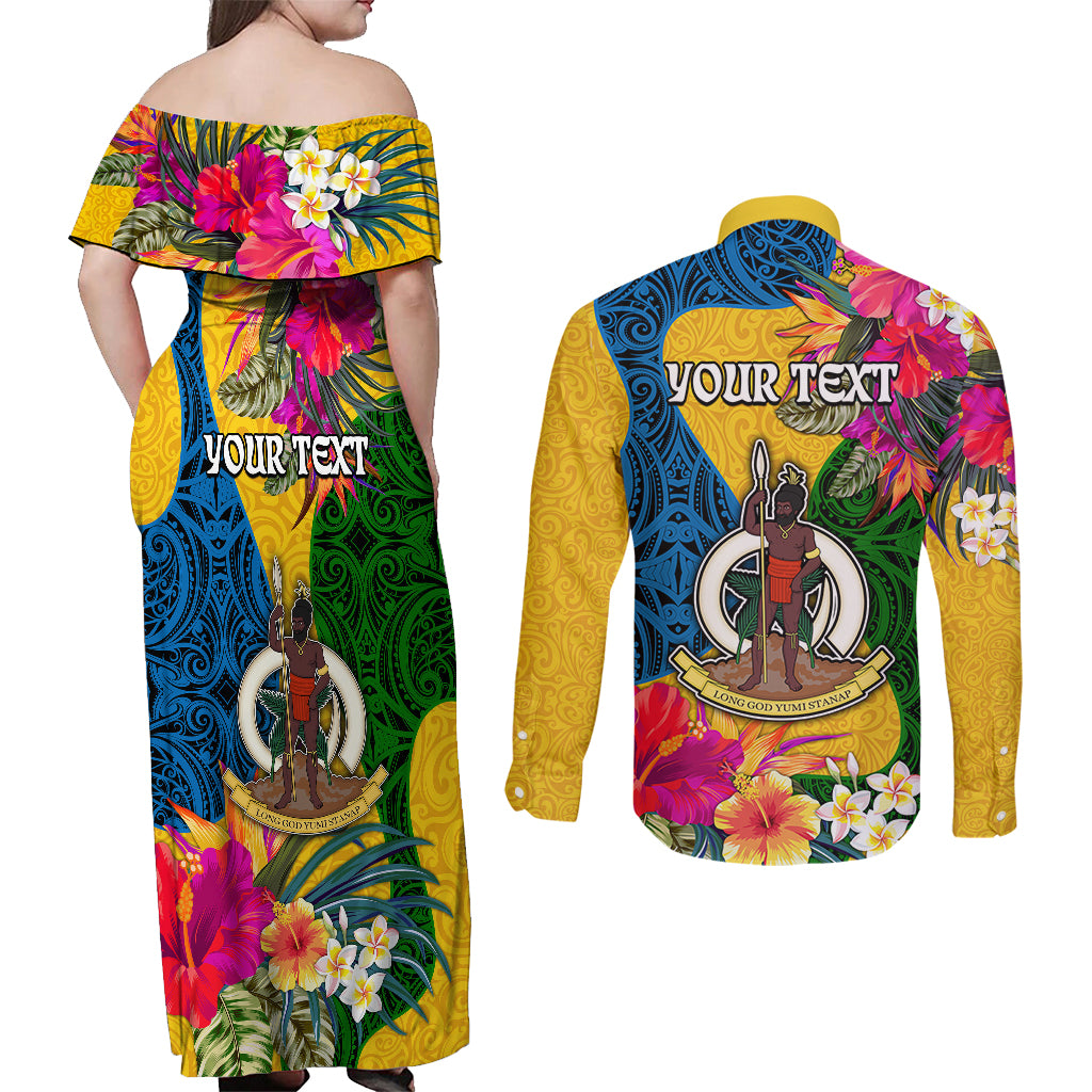 Personalised Malampa Day Couples Matching Off Shoulder Maxi Dress and Long Sleeve Button Shirts Proud To Be A Ni-Van Beauty Pacific Flower LT03 - Polynesian Pride