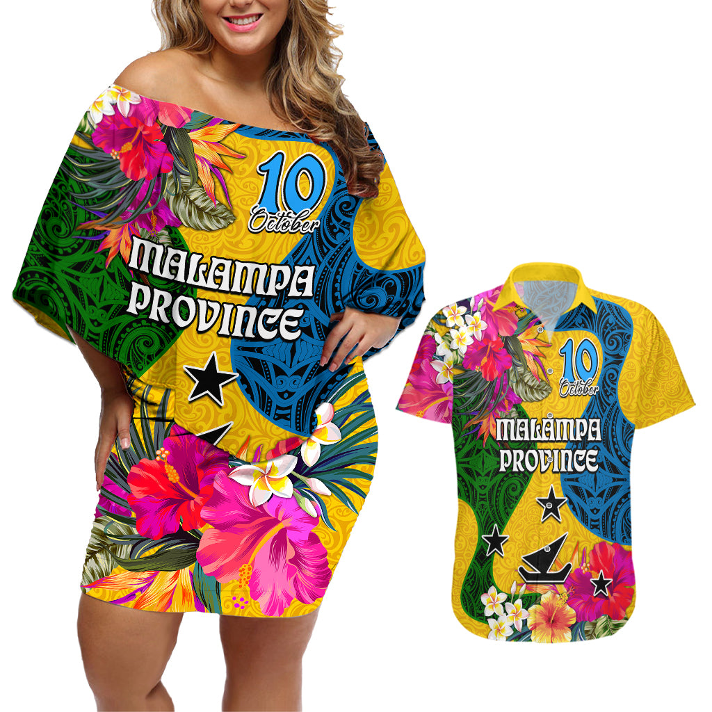 Personalised Malampa Day Couples Matching Off Shoulder Short Dress and Hawaiian Shirt Proud To Be A Ni-Van Beauty Pacific Flower LT03 Yellow - Polynesian Pride