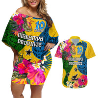 Personalised Malampa Day Couples Matching Off Shoulder Short Dress and Hawaiian Shirt Proud To Be A Ni-Van Beauty Pacific Flower LT03 Yellow - Polynesian Pride