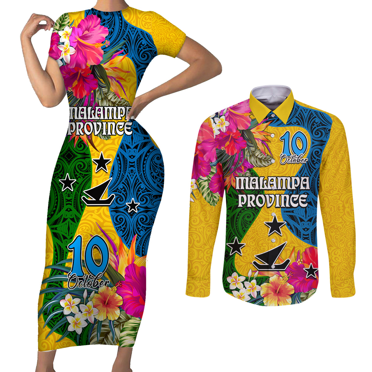 Personalised Malampa Day Couples Matching Short Sleeve Bodycon Dress and Long Sleeve Button Shirts Proud To Be A Ni-Van Beauty Pacific Flower LT03 Yellow - Polynesian Pride