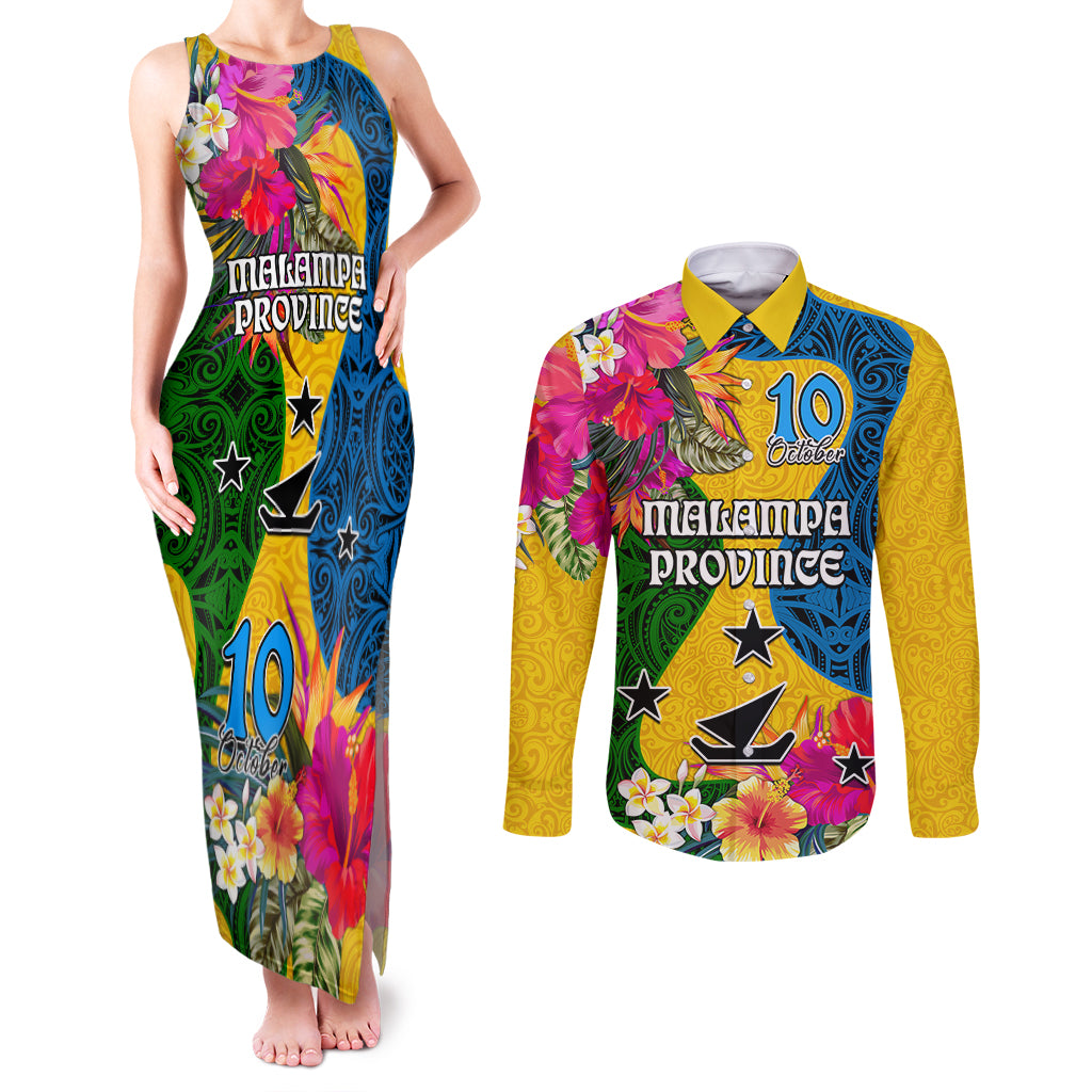 Personalised Malampa Day Couples Matching Tank Maxi Dress and Long Sleeve Button Shirts Proud To Be A Ni-Van Beauty Pacific Flower LT03 Yellow - Polynesian Pride