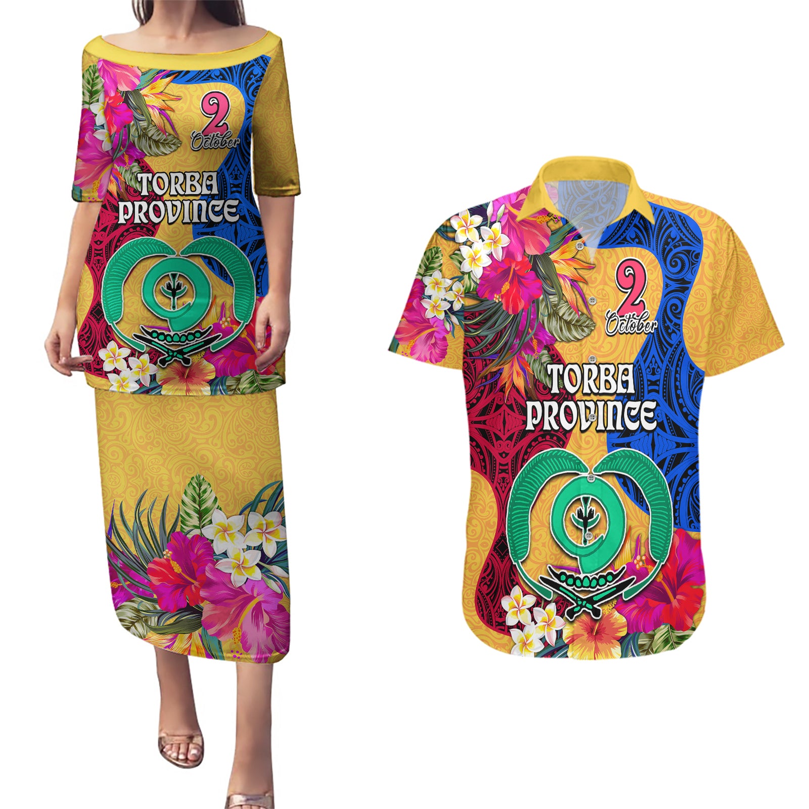 Torba Day Couples Matching Puletasi Dress and Hawaiian Shirt Proud To Be A Ni-Van Beauty Pacific Flower LT03 Yellow - Polynesian Pride