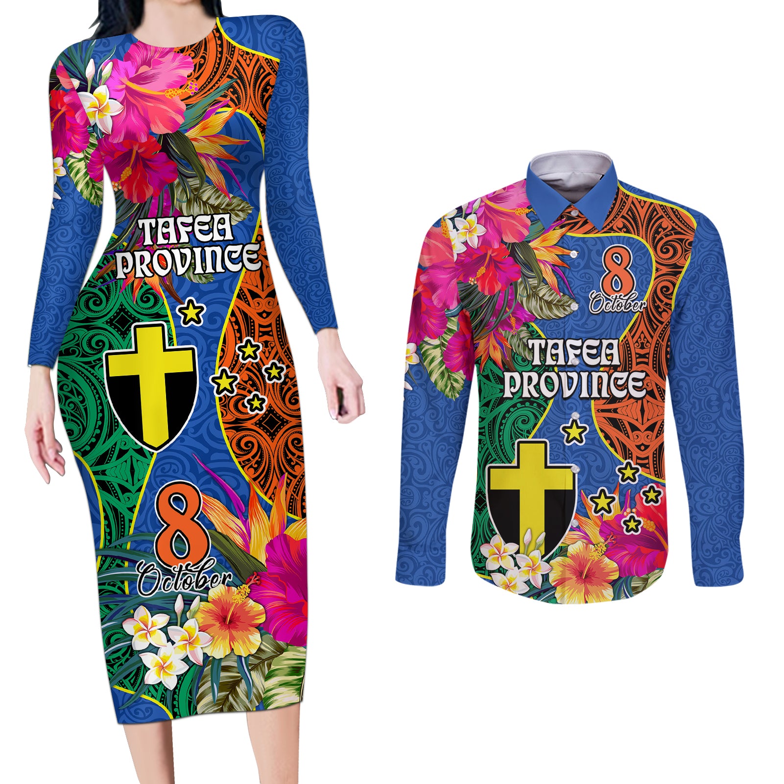 Tafea Day Couples Matching Long Sleeve Bodycon Dress and Long Sleeve Button Shirts Proud To Be A Ni-Van Beauty Pacific Flower LT03 Blue - Polynesian Pride