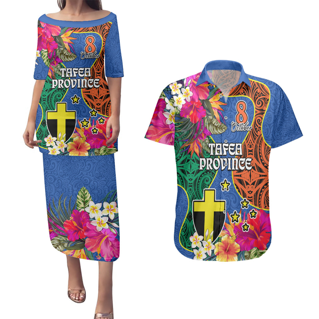 Personalised Tafea Day Couples Matching Puletasi Dress and Hawaiian Shirt Proud To Be A Ni-Van Beauty Pacific Flower LT03 Blue - Polynesian Pride