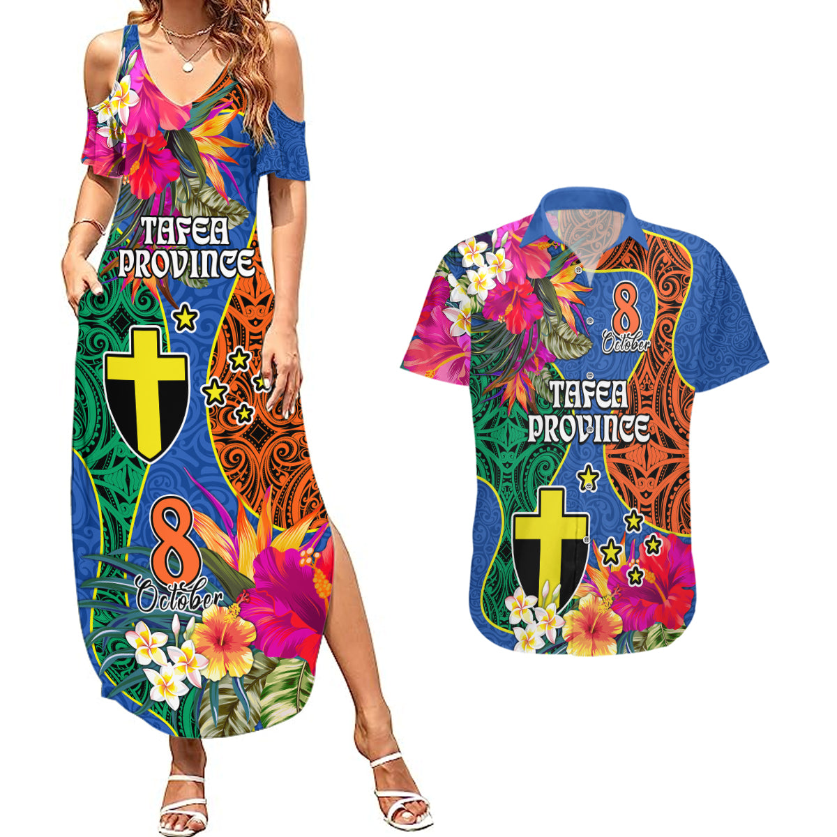 Personalised Tafea Day Couples Matching Summer Maxi Dress and Hawaiian Shirt Proud To Be A Ni-Van Beauty Pacific Flower LT03 Blue - Polynesian Pride