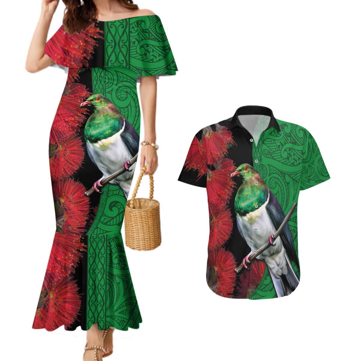 New Zealand Kereru And Pohutukawa Couples Matching Mermaid Dress and Hawaiian Shirt Maori Tribal Tattoo LT03 Black - Polynesian Pride