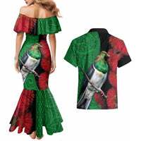 New Zealand Kereru And Pohutukawa Couples Matching Mermaid Dress and Hawaiian Shirt Maori Tribal Tattoo LT03 - Polynesian Pride