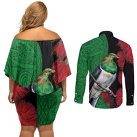 New Zealand Kereru And Pohutukawa Couples Matching Off Shoulder Short Dress and Long Sleeve Button Shirt Maori Tribal Tattoo LT03 - Polynesian Pride