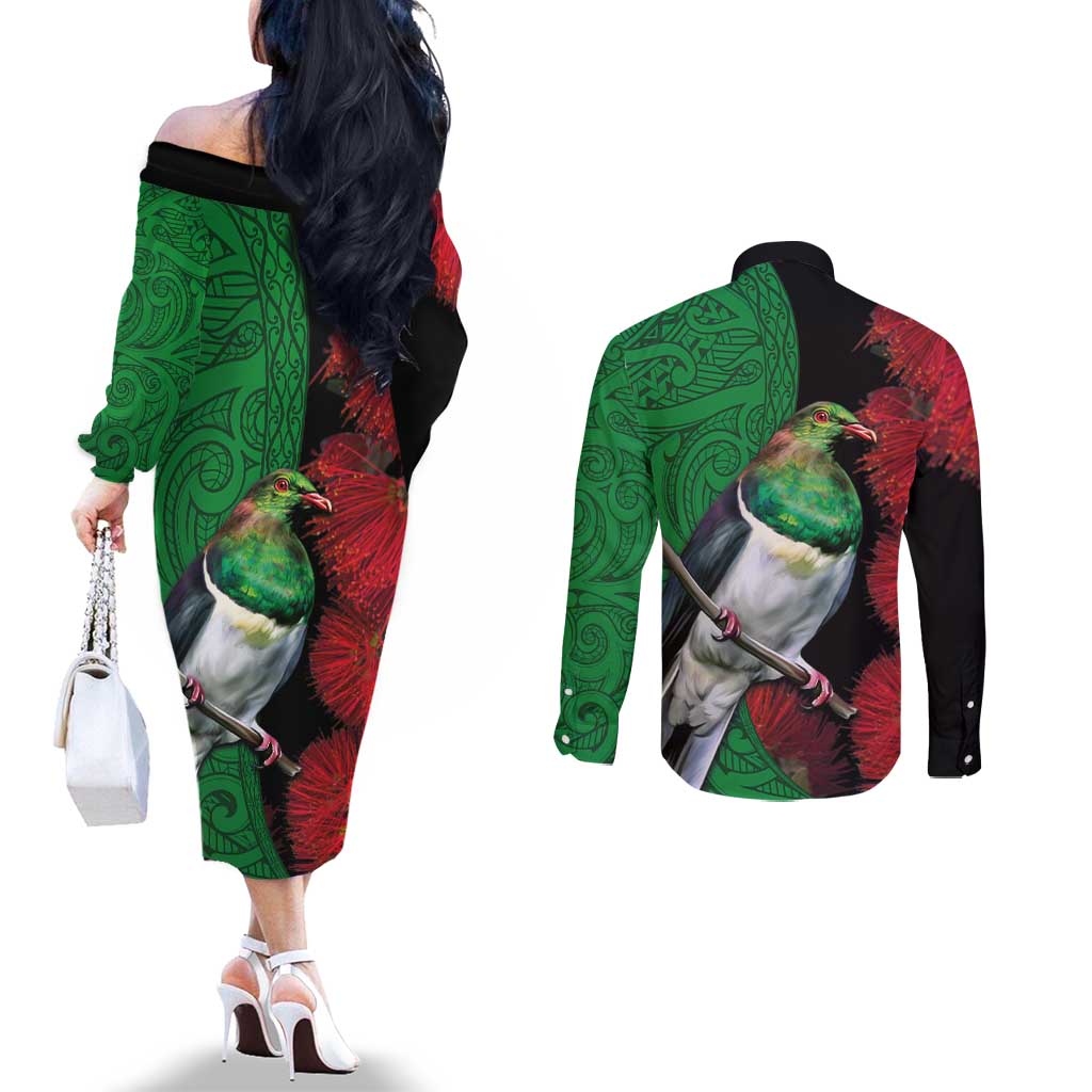New Zealand Kereru And Pohutukawa Couples Matching Off The Shoulder Long Sleeve Dress and Long Sleeve Button Shirt Maori Tribal Tattoo LT03 - Polynesian Pride