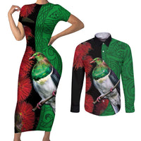 New Zealand Kereru And Pohutukawa Couples Matching Short Sleeve Bodycon Dress and Long Sleeve Button Shirt Maori Tribal Tattoo LT03 Black - Polynesian Pride