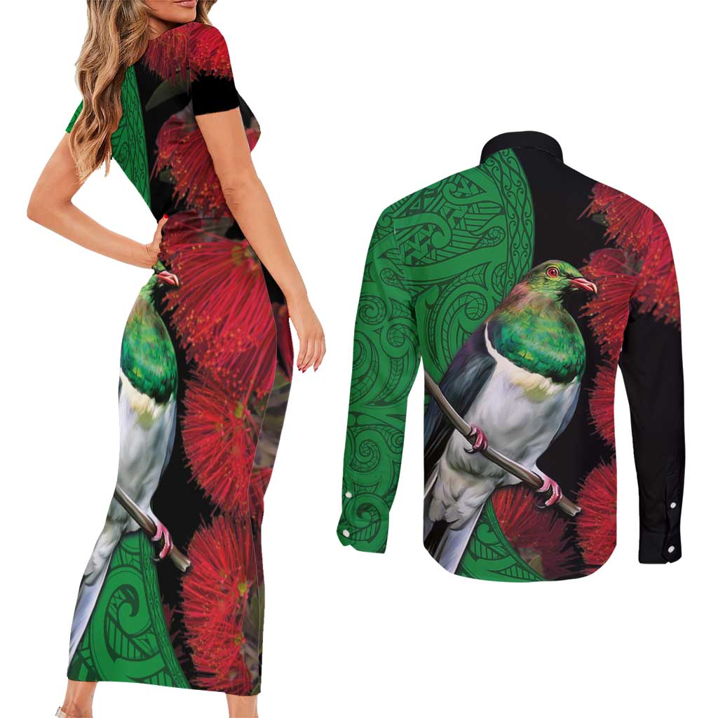 New Zealand Kereru And Pohutukawa Couples Matching Short Sleeve Bodycon Dress and Long Sleeve Button Shirt Maori Tribal Tattoo LT03 - Polynesian Pride