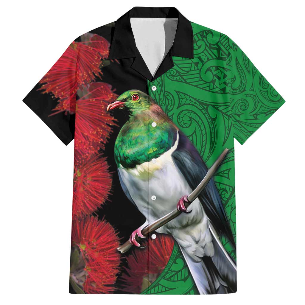 New Zealand Kereru And Pohutukawa Family Matching Long Sleeve Bodycon Dress and Hawaiian Shirt Maori Tribal Tattoo LT03 Dad's Shirt - Short Sleeve Black - Polynesian Pride