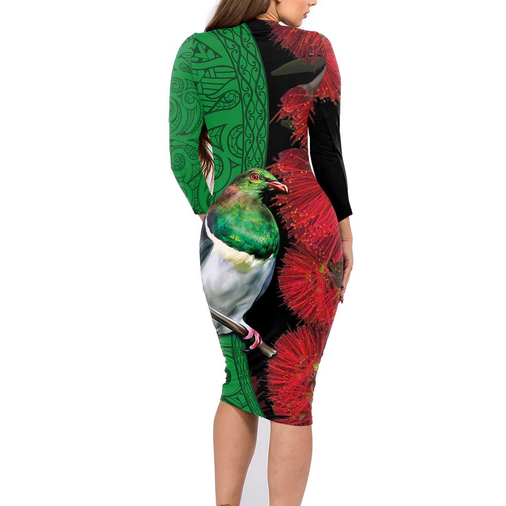 New Zealand Kereru And Pohutukawa Family Matching Long Sleeve Bodycon Dress and Hawaiian Shirt Maori Tribal Tattoo LT03 - Polynesian Pride