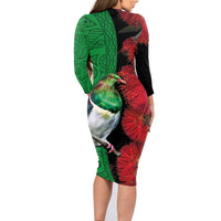 New Zealand Kereru And Pohutukawa Family Matching Long Sleeve Bodycon Dress and Hawaiian Shirt Maori Tribal Tattoo LT03 - Polynesian Pride