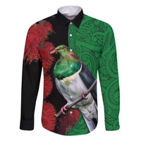 New Zealand Kereru And Pohutukawa Family Matching Mermaid Dress and Hawaiian Shirt Maori Tribal Tattoo LT03 Dad's Shirt - Long Sleeve Black - Polynesian Pride
