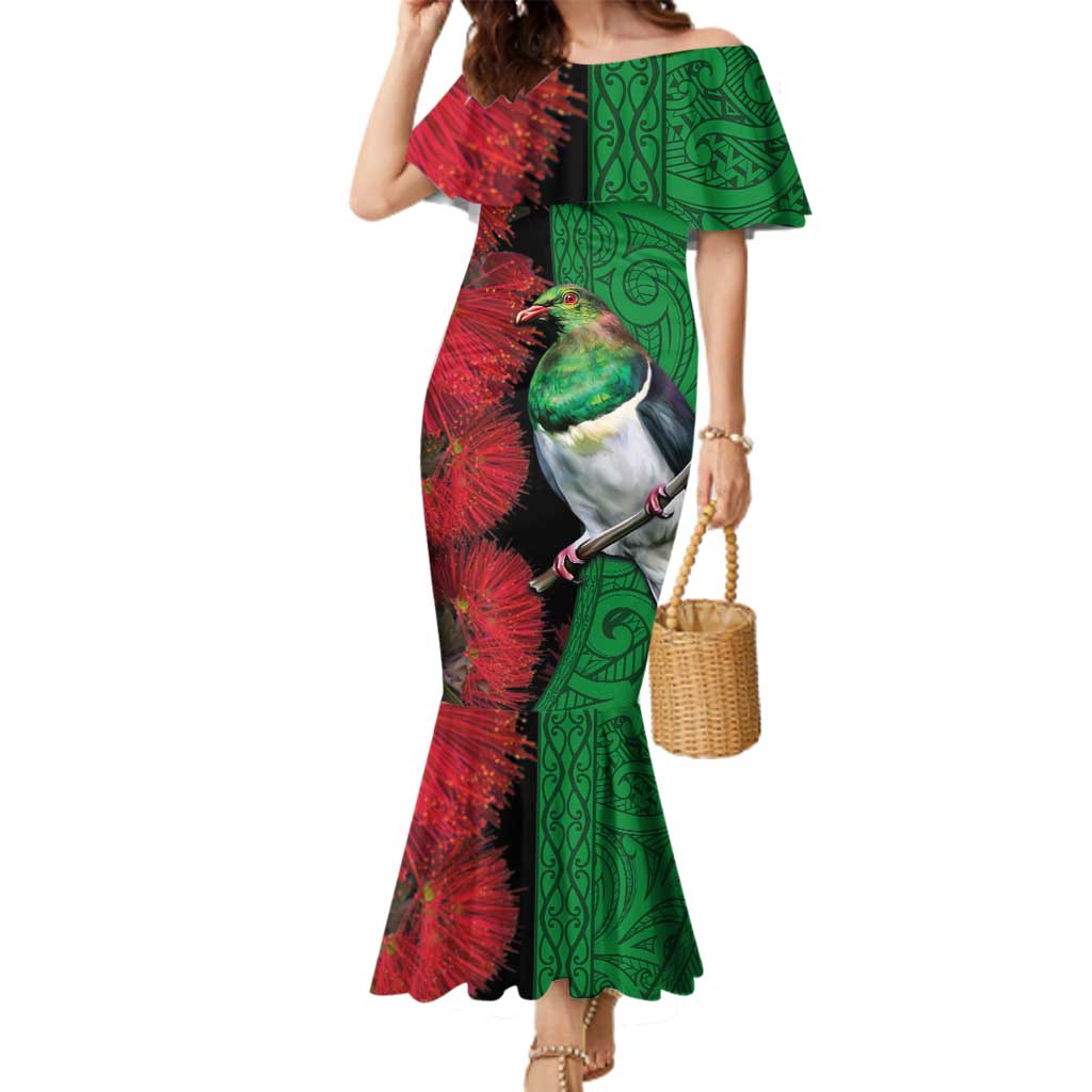New Zealand Kereru And Pohutukawa Family Matching Mermaid Dress and Hawaiian Shirt Maori Tribal Tattoo LT03 Mom's Dress Black - Polynesian Pride