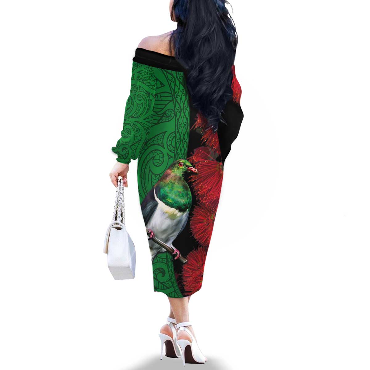 New Zealand Kereru And Pohutukawa Family Matching Off The Shoulder Long Sleeve Dress and Hawaiian Shirt Maori Tribal Tattoo