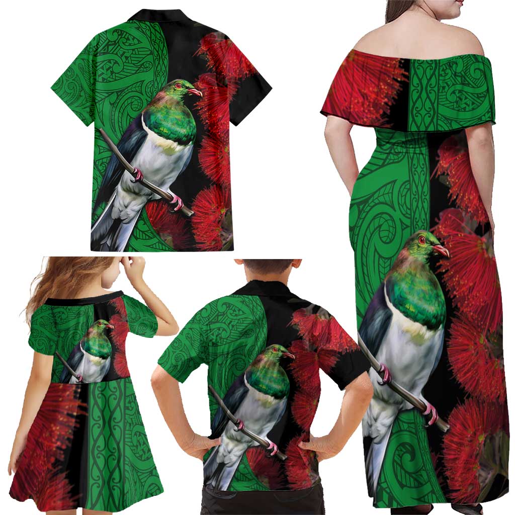 New Zealand Kereru And Pohutukawa Family Matching Off Shoulder Maxi Dress and Hawaiian Shirt Maori Tribal Tattoo LT03 - Polynesian Pride