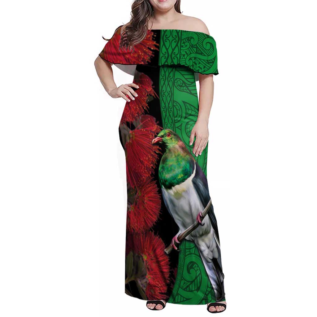 New Zealand Kereru And Pohutukawa Family Matching Off Shoulder Maxi Dress and Hawaiian Shirt Maori Tribal Tattoo LT03 Mom's Dress Black - Polynesian Pride