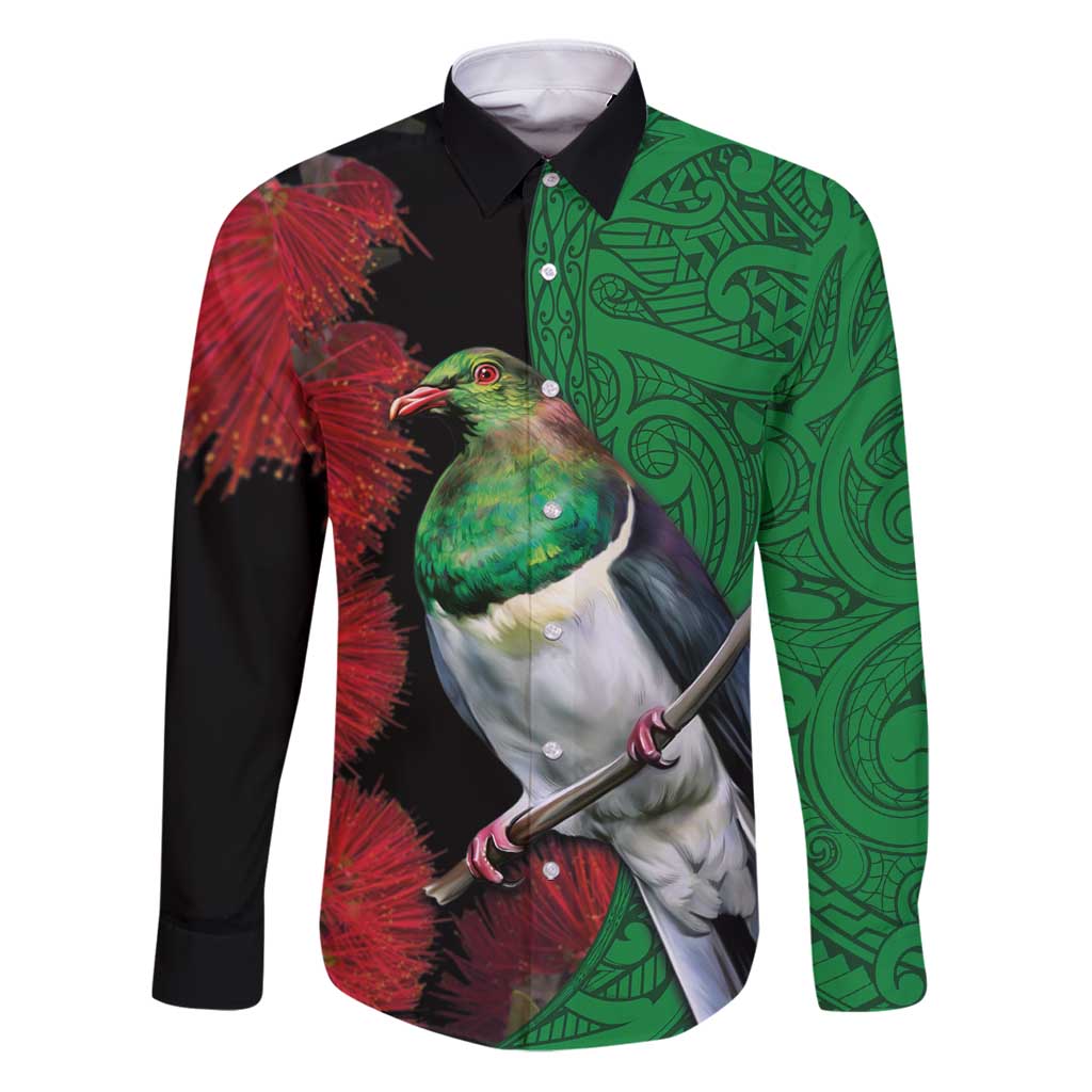 New Zealand Kereru And Pohutukawa Family Matching Puletasi and Hawaiian Shirt Maori Tribal Tattoo LT03 Dad's Shirt - Long Sleeve Black - Polynesian Pride