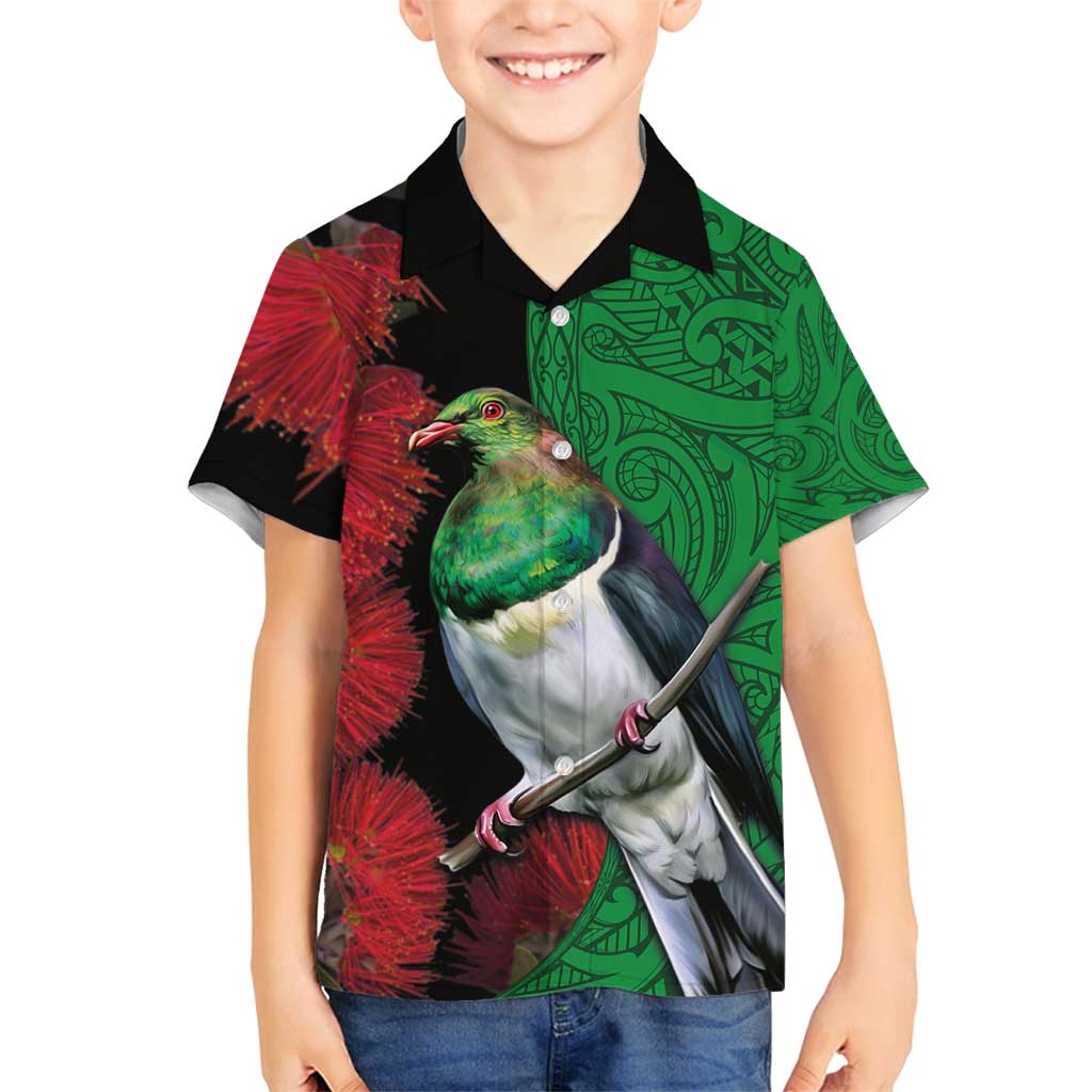 New Zealand Kereru And Pohutukawa Family Matching Puletasi and Hawaiian Shirt Maori Tribal Tattoo LT03 Son's Shirt Black - Polynesian Pride