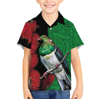 New Zealand Kereru And Pohutukawa Family Matching Puletasi and Hawaiian Shirt Maori Tribal Tattoo LT03 Son's Shirt Black - Polynesian Pride