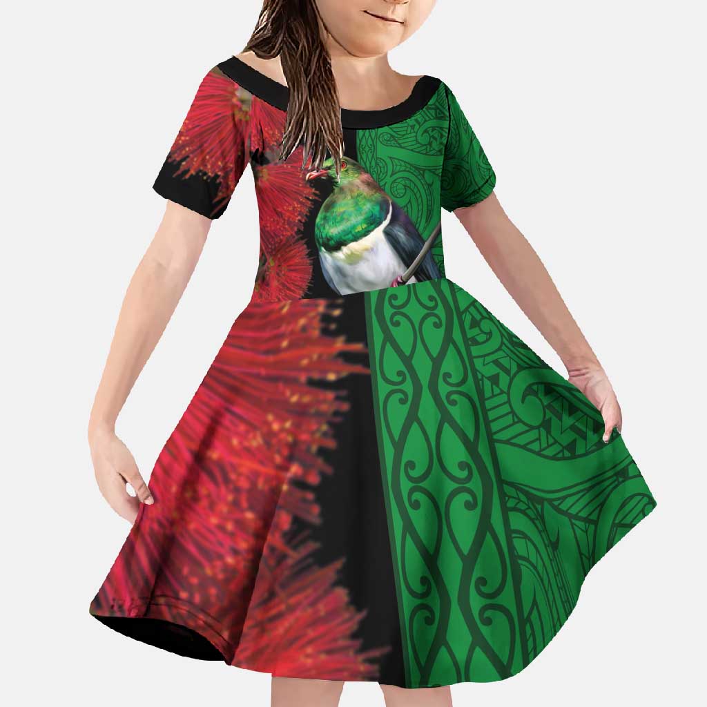 New Zealand Kereru And Pohutukawa Family Matching Short Sleeve Bodycon Dress and Hawaiian Shirt Maori Tribal Tattoo LT03 Daughter's Dress Black - Polynesian Pride