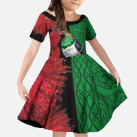 New Zealand Kereru And Pohutukawa Family Matching Short Sleeve Bodycon Dress and Hawaiian Shirt Maori Tribal Tattoo LT03 Daughter's Dress Black - Polynesian Pride