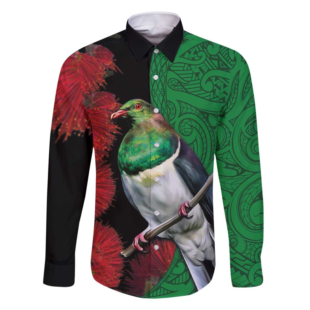 New Zealand Kereru And Pohutukawa Family Matching Short Sleeve Bodycon Dress and Hawaiian Shirt Maori Tribal Tattoo LT03 Dad's Shirt - Long Sleeve Black - Polynesian Pride