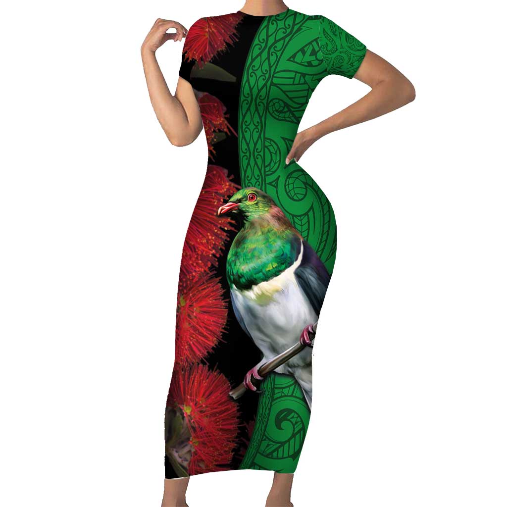 New Zealand Kereru And Pohutukawa Family Matching Short Sleeve Bodycon Dress and Hawaiian Shirt Maori Tribal Tattoo LT03 Mom's Dress Black - Polynesian Pride