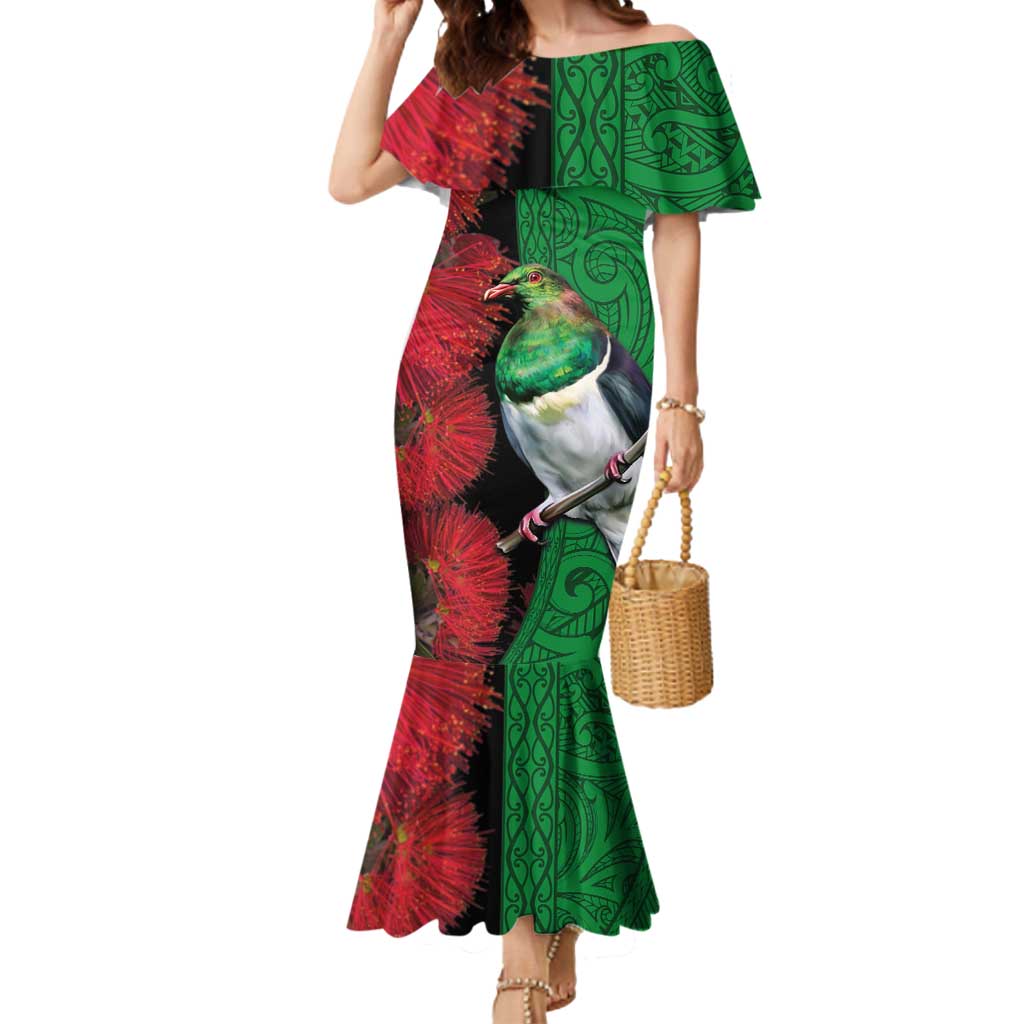 New Zealand Kereru And Pohutukawa Mermaid Dress Maori Tribal Tattoo LT03 Women Black - Polynesian Pride