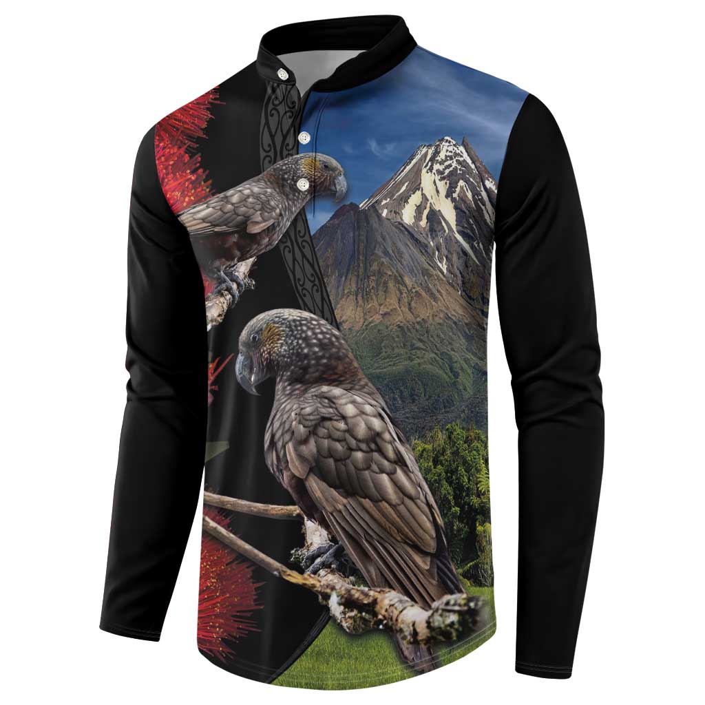 New Zealand Kea And Pohutukawa Button Sweatshirt With The Mountain Landscape