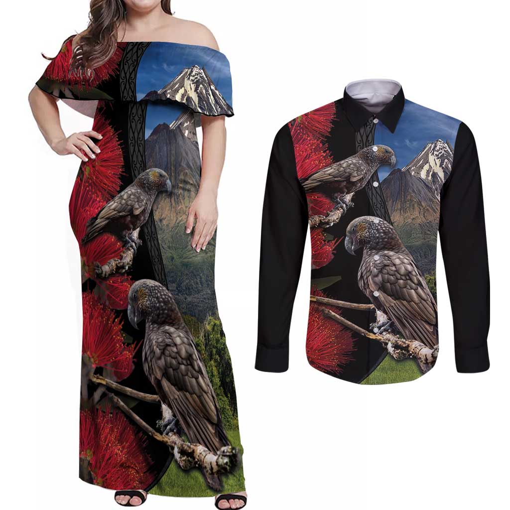 New Zealand Kea And Pohutukawa Couples Matching Off Shoulder Maxi Dress and Long Sleeve Button Shirt With The Mountain Landscape LT03 Black - Polynesian Pride